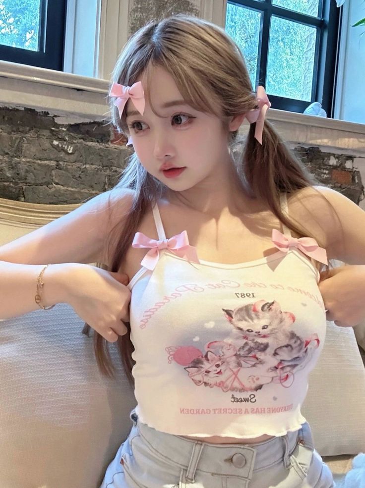 ❤︎Double ribbon sweet girly cat camisole❤︎ Cute Fitted Tank Top, Cute Fitted White Camisole, Sleeveless Hello Kitty Print Top, Cute Tops With Cat Design, Cute Sleeveless Camisole, White Bow Tank Top For Summer, Cute Pink Sleeveless Camisole, Cute Spring Camisole, Cute Fitted Pink Camisole