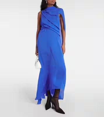 Draped asymmetric silk satin gown in blue - Givenchy | Mytheresa Silk Evening Dress With Asymmetrical Neckline And Bias Cut, Pre-draped Silk Evening Maxi Dress, Spring Silk Maxi Asymmetrical Dress, Silk Gown With Bias Cut And Asymmetrical Neckline, Bias Cut Draped Silk Dress, Pre-draped Silk Evening Dress With Asymmetrical Neckline, One-shoulder Silk Bias Cut Gown, Silk One-shoulder Bias Cut Gown, One-shoulder Silk Gown With Bias Cut