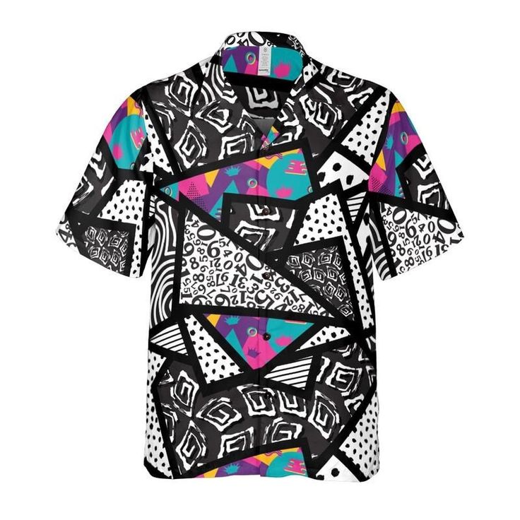 Memphis Texture Button Up Shirt. If you're a fan of Memphis style art and geometric designs then this Memphis Texture Button Up Shirt is perfect for you! Features a head-turning design of black and white geometric shapes with pockets of multicolored triangles. This design is inspired by Memphis style art. If you love unique creations then this is the perfect button-up shirt for you. Classy yet very comfortable to wear; this shirt is perfect to keep you cool and looking great all day. Product Det Modern Black Printed Tops, White Shirt With Geometric Pattern For Summer, Retro Graphic Print Shirt, Black Casual Tops With Retro Print, Casual Tops With Abstract Pattern And Short Sleeve, Casual White Shirt With Retro Print, Patterned Collared Shirt With Graphic Print, Black Collared Shirt With Graphic Print, Retro Black Summer Shirt