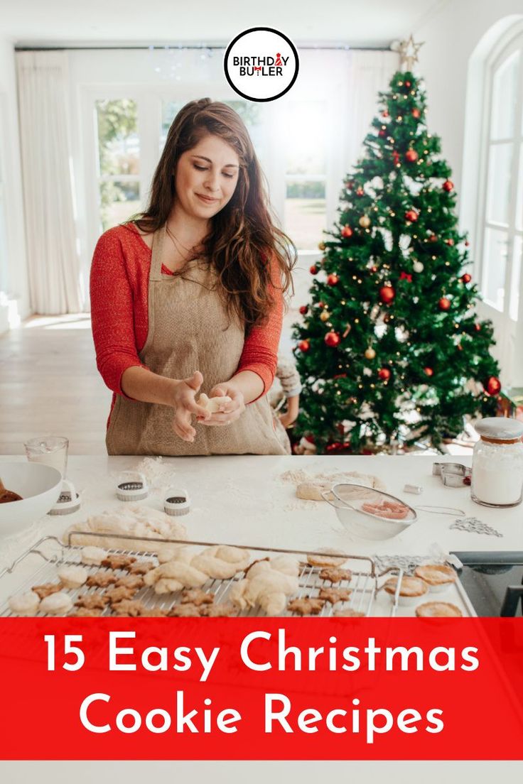 a woman in an apron preparing cookies on a table with the words 15 easy christmas cookie recipes