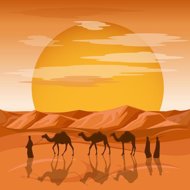 three camels walking through the desert at sunset - landscapes nature / animals characters, illustration