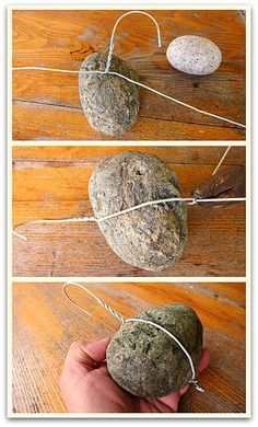 three pictures showing how to make a rock with wire wrapped around it and two rocks on each side