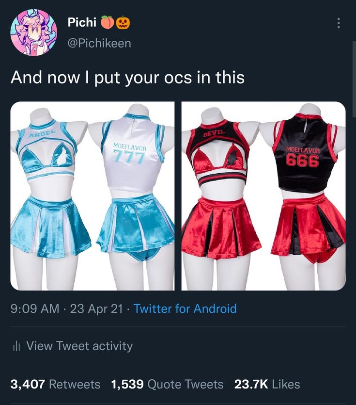 three different cheerleader outfits are shown on the tweetche page, and one is