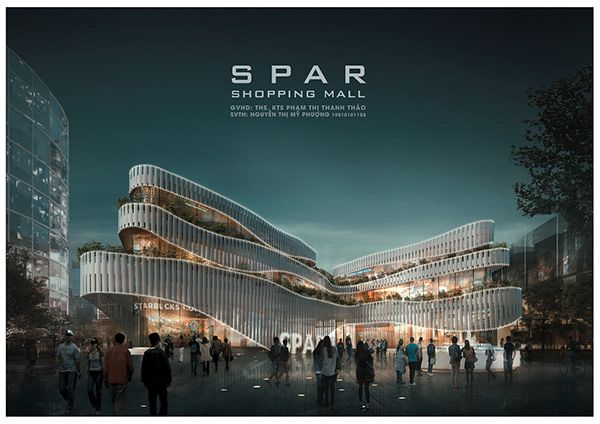 an advertisement for spar shopping mall with people walking around the building and onlookers