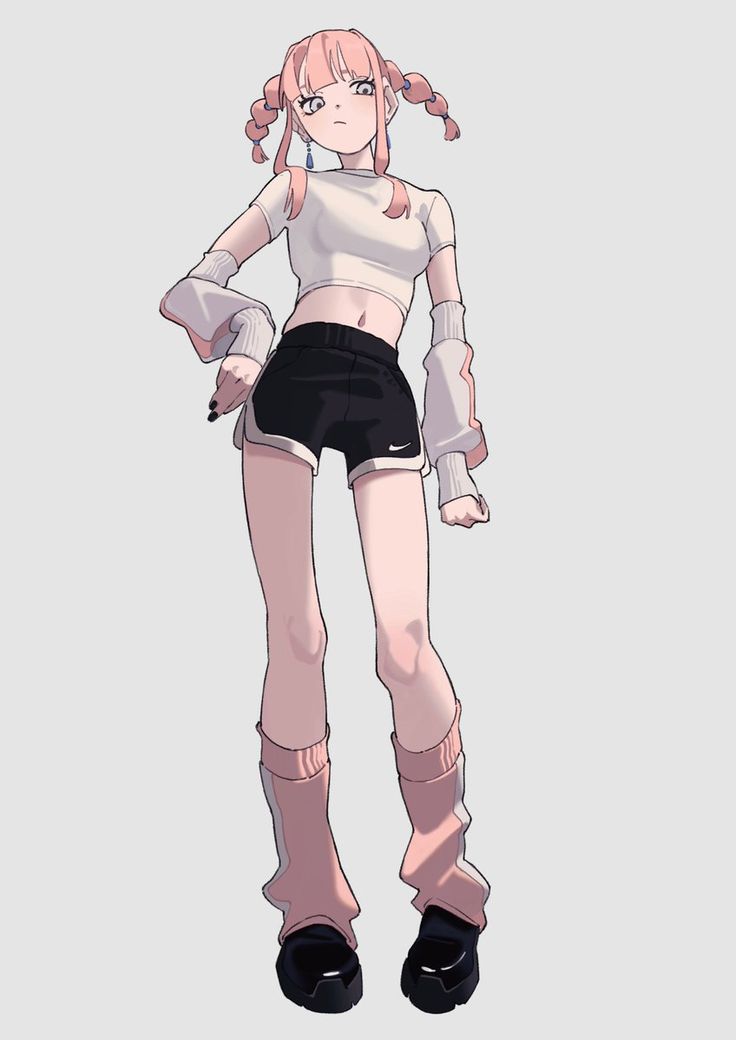 an anime character with pink hair and black shorts standing in front of a white background