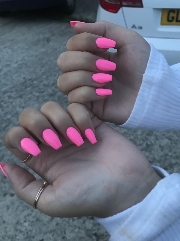 Basic Hot Pink Nails, Solid Color Nails Acrylic Coffin Short, Neon Pink Acrylic Nails Coffin, Solid Valentines Nails, Coffin Solid Color Nails, Basic Valentines Day Nails Short, Pink Coffin Nails Short, Valentines Nails Solid Color, Coffin Shape Nails Pink