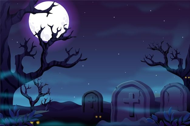 a graveyard with tombstones and trees at night