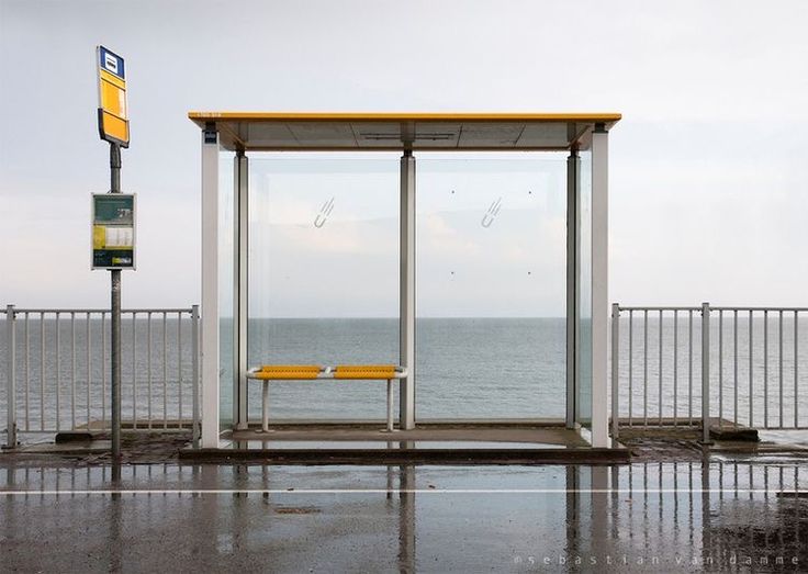 a bench sitting on top of a wet parking lot next to the ocean in front of a bus stop