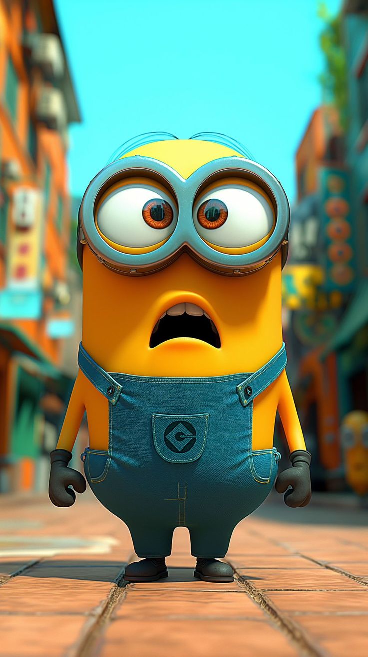 a cartoon minion is standing on a brick road with his eyes wide open and tongue out