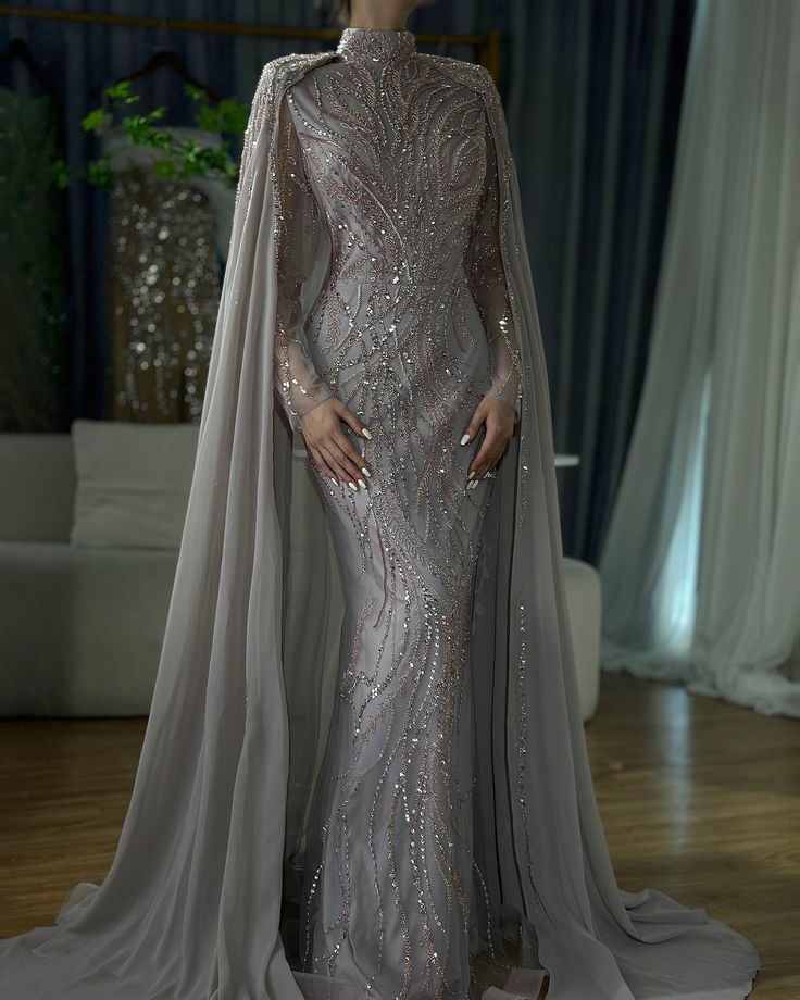 LA72413a Engagement Dresses Elegant, Gowns For Women Party, Arabic Gowns, Muslim Gown, Muslim Prom Dress, Classy Evening Gowns, Elegant Cape, Gown With Cape, Sparkly Fashion