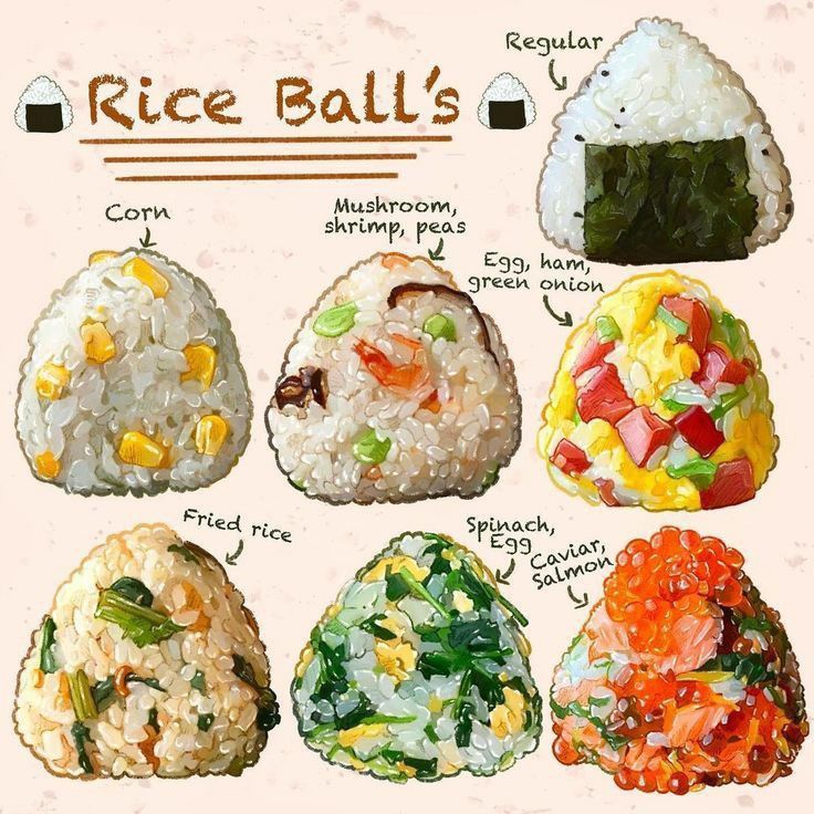 rice balls with different types of vegetables and toppings on them are shown in this drawing