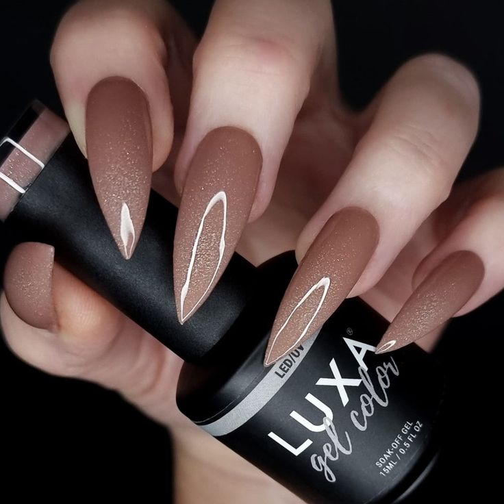 VOLTAGE Almond Nail Fall Colors, Medium Dark Nails, Fall Milky Nails, Bone Color Nails, Gloss On Matte Nails, Pointy Fall Nails, Almond Nails For Wedding, Plain Autumn Nails, First Date Nails