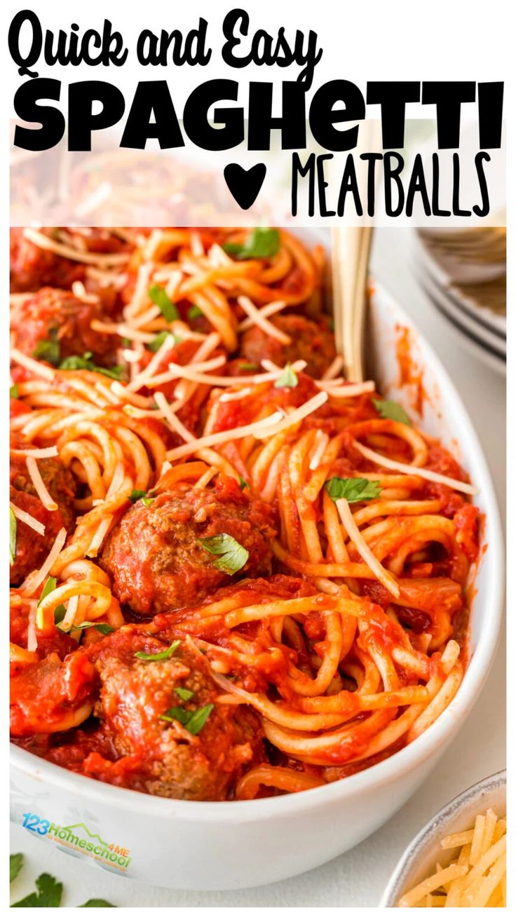 a white bowl filled with spaghetti and meatballs