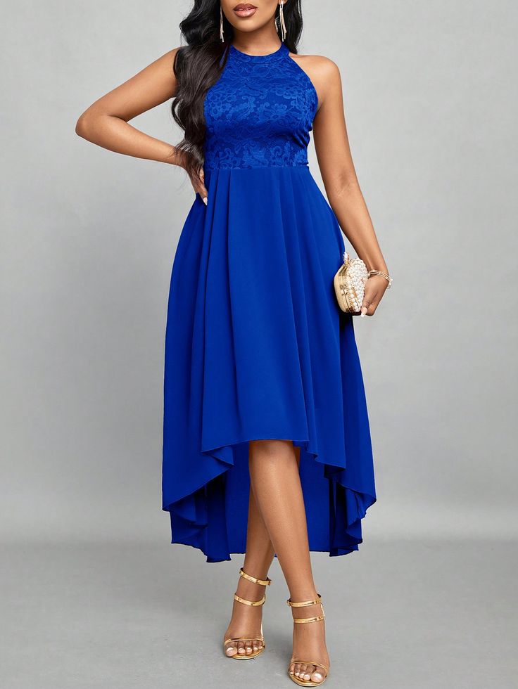 Royal Blue Elegant Collar Sleeveless Chiffon Plain A Line Embellished Non-Stretch  Women Clothing Sleeveless Asymmetrical Wedding Dress, Blue Asymmetrical Prom Dress, Asymmetrical Blue Prom Dress, Sleeveless Blue Midi Dress For Wedding, Royal Blue Bridesmaid Dresses, Holiday Dresses Women, Fleece Tights, Bridesmaids And Groomsmen, Blue Bridesmaid Dresses