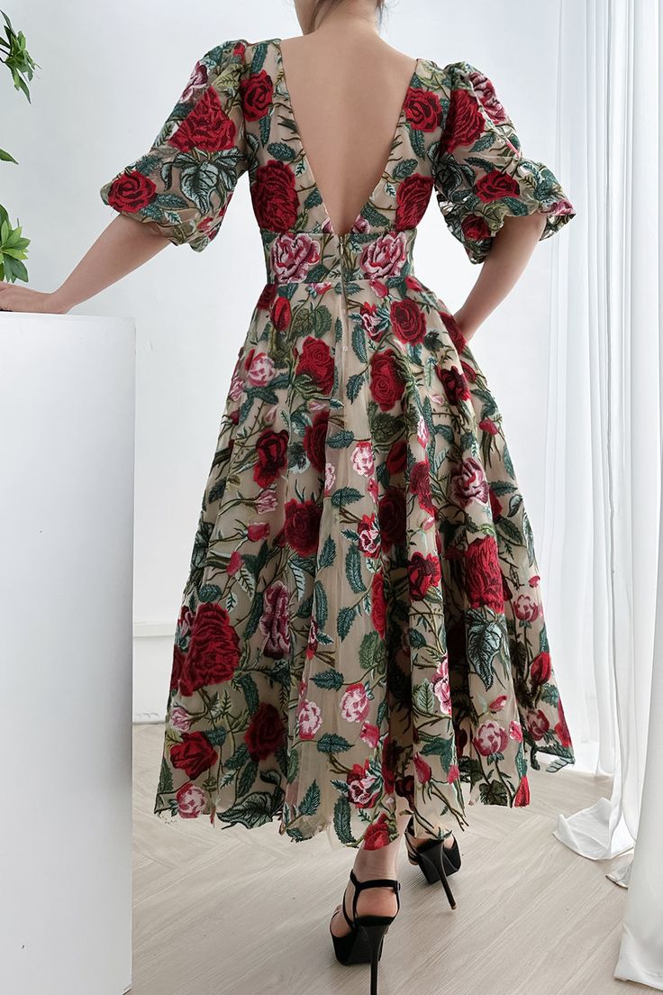 This luxurious midi dress is crafted from the finest materials and finished with a timeless rose embroidery. It features voluminous puff sleeves and a flattering V neckline for an elegant and exclusive look. Perfect for special occasions, this timeless piece will make an unforgettable addition to your wardrobe. Bust and Skirt with full lining. 100% Polyester 100% Recycled polyester lining Concealed zip at center back Imported Prom Girl Dresses, Evening Party Gowns, Rose Embroidery, Fashion Mistakes, Fall Fashion Trends, Tea Length, Fancy Dresses, Ball Dresses, Above Knee