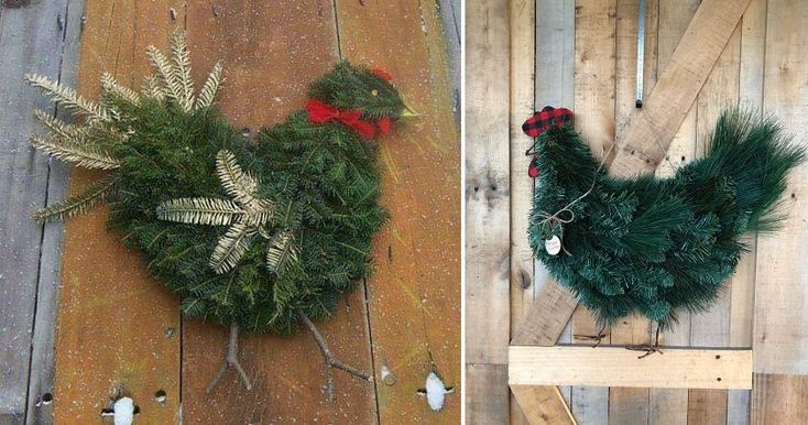 two pictures one with a chicken and the other with christmas wreaths