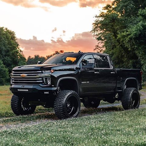 a black truck is parked in the grass