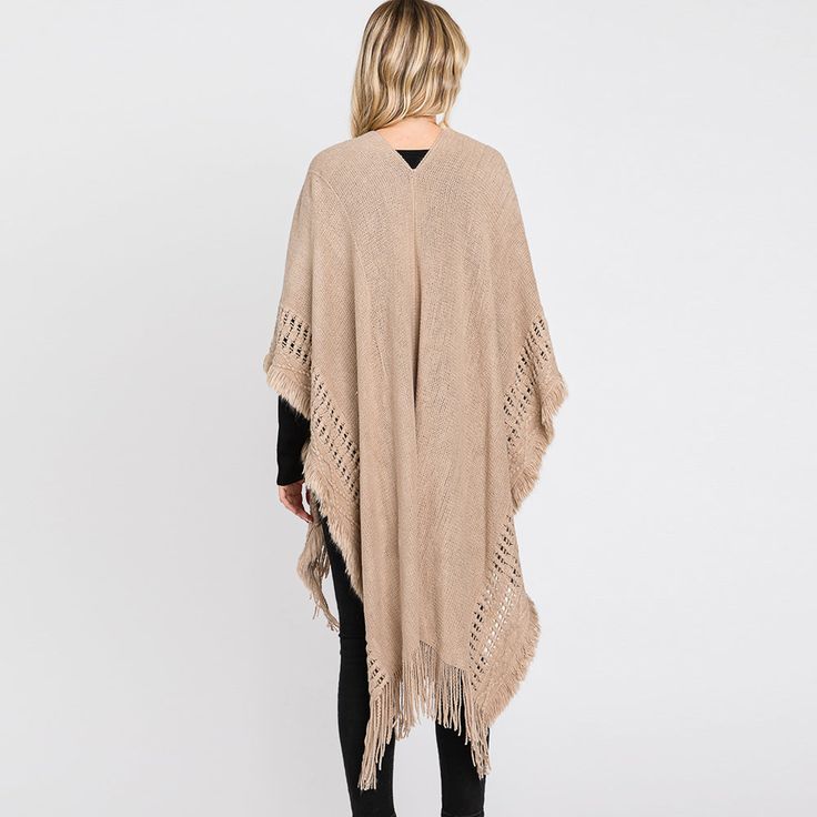 Size : 35.5" X 27.5" Material : 100% Acrylic Brown Poncho For Layering, One Size, Casual One Size Poncho With Fringe, Casual One-size Poncho With Fringe, One Size Soft Knit Poncho For Fall, Beige Poncho For Layering, Knit Shawl For Fall, Casual Knitted Shawl Poncho, One Size Beige Poncho For Layering, One Size Knit Shawl For Fall