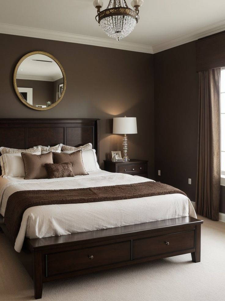 a bedroom with brown walls and white bedding