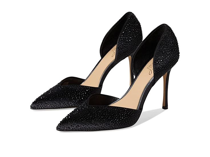 Jewel Badgley Mischka Grace - Women's Shoes : Black : Set a sensational trend by donning the oh-so-chic Jewel Badgley Mischka Grace Heels. Textile upper. Synthetic lining and textile insole. Shimmery rhinestone detailing throughout. Slip-on style. Pointed toe silhouette. Stiletto heel style. Flocked rubber outsole. Imported. Measurements: Heel Height: 4 in Weight: 8.75 oz Product measurements were taken using size 9, width M. Please note that measurements may vary by size. Weight of footwear is Black Dress Heels, Jewel Badgley Mischka, Dress Heels, Black Shoes Women, Black Set, Clothes To Buy, Badgley Mischka, Stiletto Heel, Shoes Black