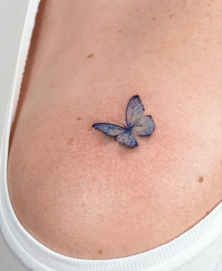 a woman's stomach with a small blue butterfly tattoo on the side of her belly