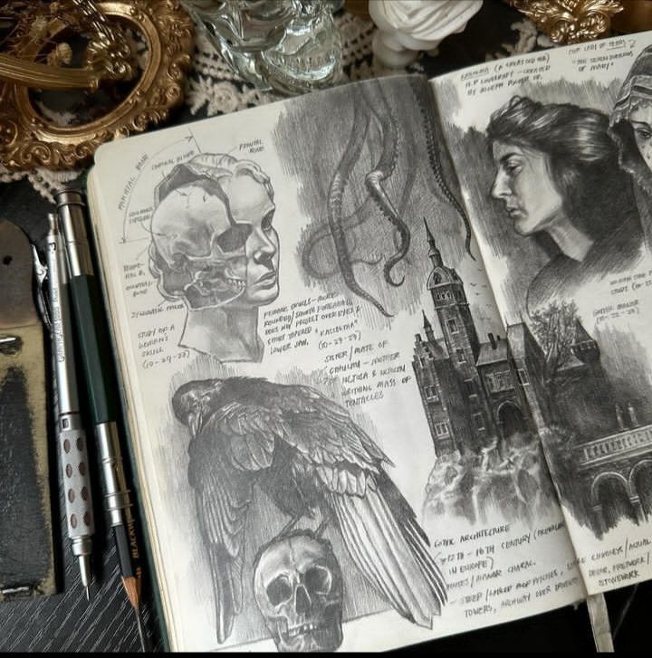 an open book sitting on top of a table next to a skull and other items