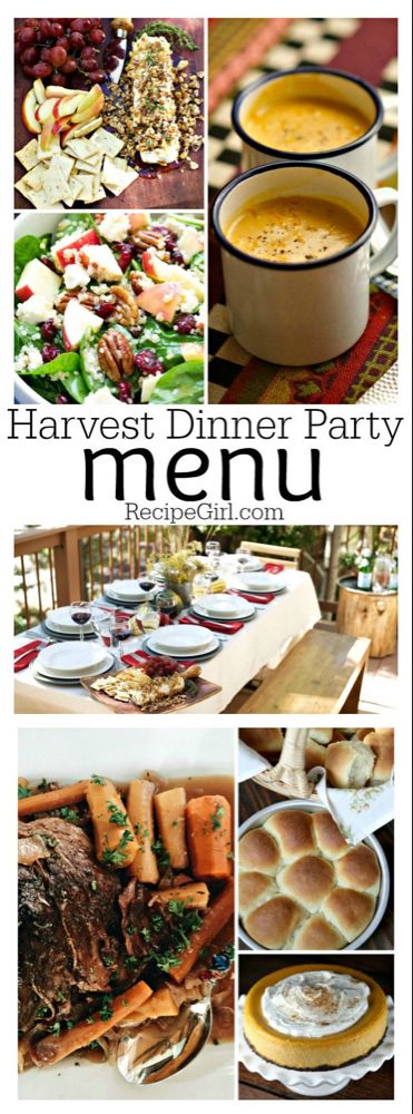 the harvest dinner party menu is shown with pictures of food and desserts on it