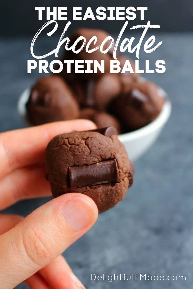 chocolate protein balls in a white bowl with text overlay