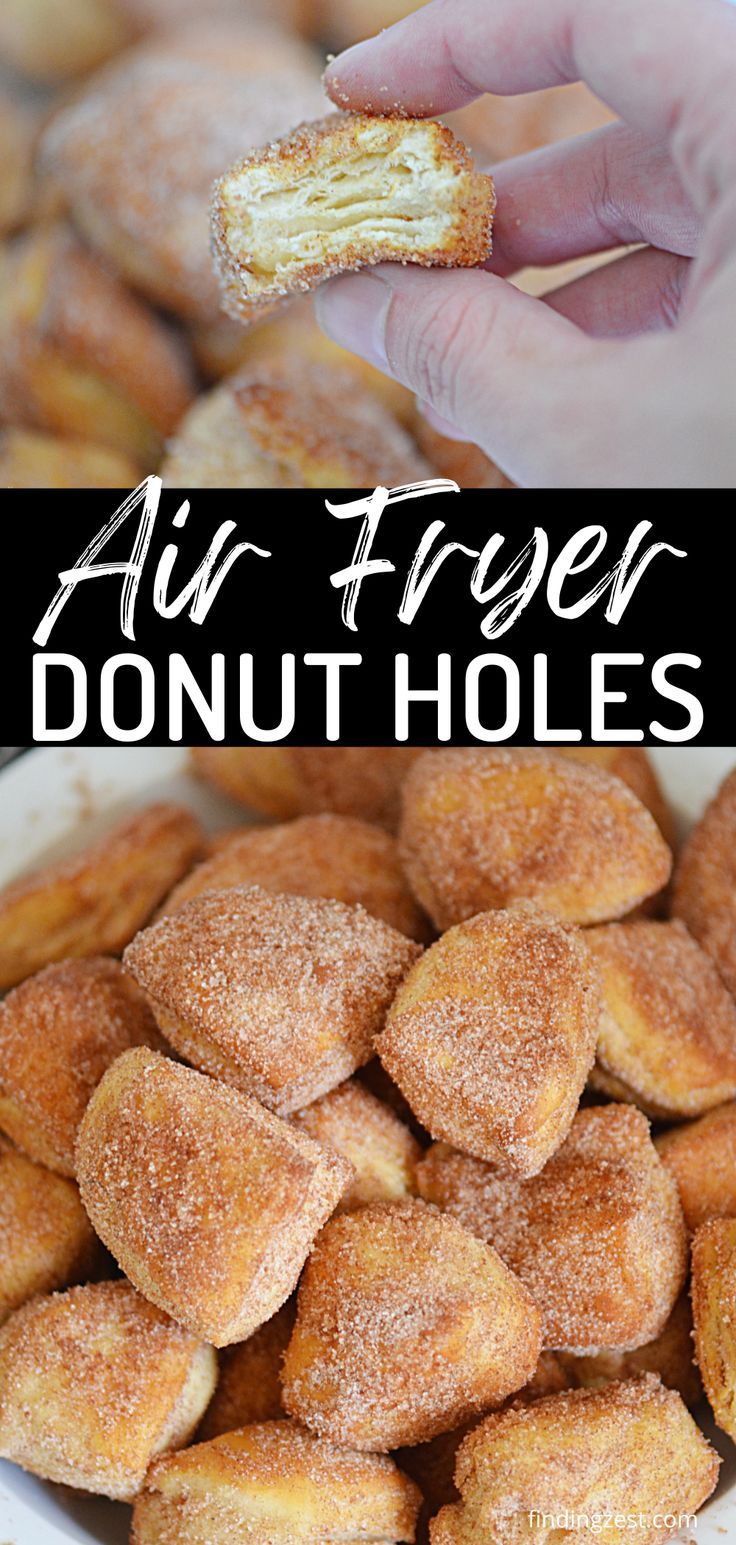 Close up of a flaky donut hole cut in half being held in fingers. A bowl full of small golden brown donut holes (wedges) covered in cinnamon and sugar. Air Fryer Donut Holes, Air Fry Donuts, Donut Bites, Cinnamon Bites, Donut Hole Recipe, Air Fryer Recipes Dessert, Air Fryer Recipes Snacks, Canned Biscuits, Air Fryer Oven Recipes