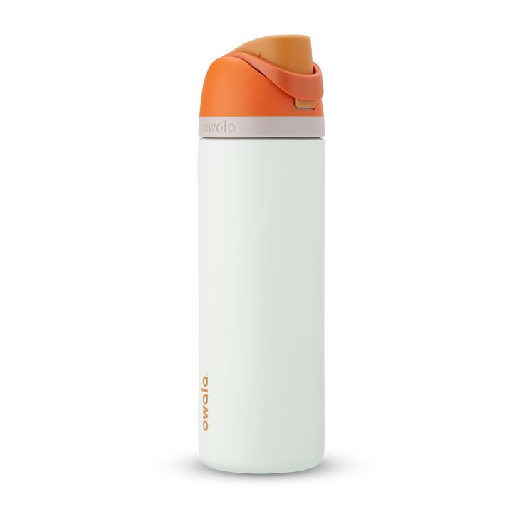 an orange and white thermos bottle on a white background with no people around it