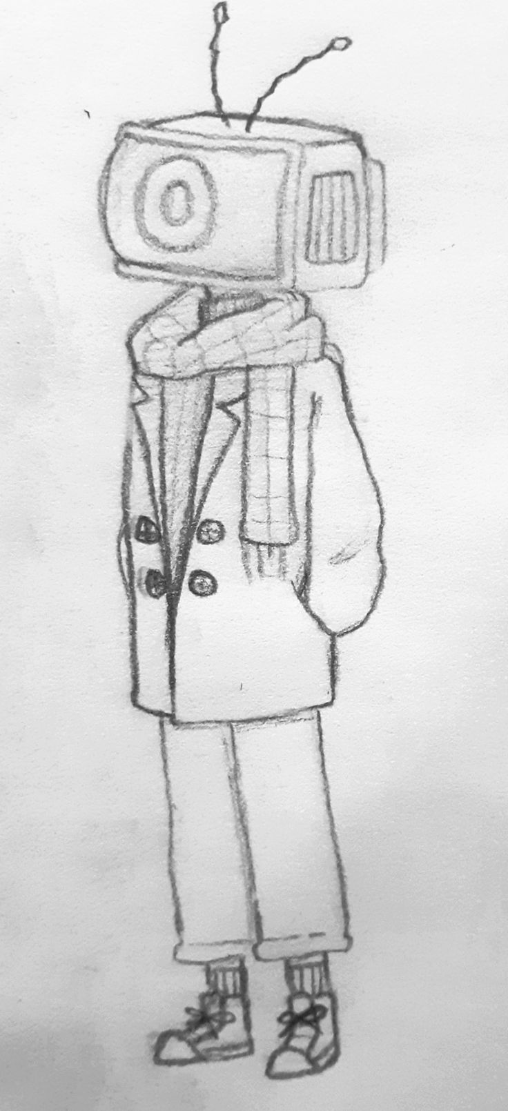 a drawing of a man with a camera on his head and coat over his shoulders