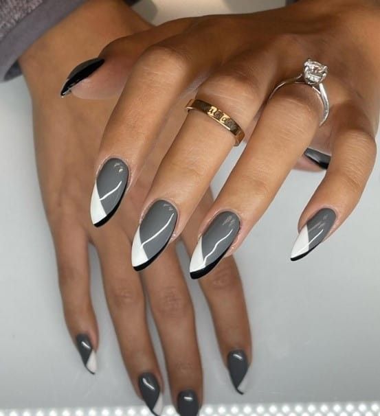 White Black And Grey Nails, Gray Tip Nails, Greyscale Nails, Light Gray Nails With Design, Dark Colour Nails Designs, Dark Gray Nails Design, Black And Gray Nail Designs, Grey Nails With Design, Gray French Tip Nails