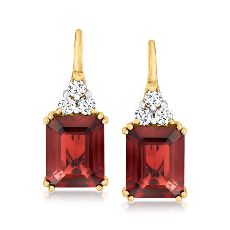 Ross-Simons - 7.00ct t. w. Garnet, .38ct t. w. Diamond Drop Earrings in 14kt Yellow Gold. On this sophisticated pair, deep 7.00 ct. t. w. emerald-cut garnets beckon a warm radiance below shimmering clusters of .38 ct. t. w. round brilliant-cut diamonds. Crafted in 14kt yellow gold. Hanging length is 7/8". Leverback, diamond and garnet drop earrings. Garnet birthstones are the perfect gift for January birthdays. Ruby And Gold Earrings, Classic Hallmarked Diamond Earrings For Formal Occasions, Classic Hallmarked Diamond Earrings For Formal Events, Classic Diamond Gemstone Earrings, Formal Baguette-cut Earrings With Diamond Accents, Formal Baguette Cut Earrings With Diamond Accents, Dazzling Diamond Gemstone Earrings For Formal Events, Dazzling Diamond Gemstone Earrings For Formal Occasions, Formal Red Diamond Earrings With Brilliant Cut