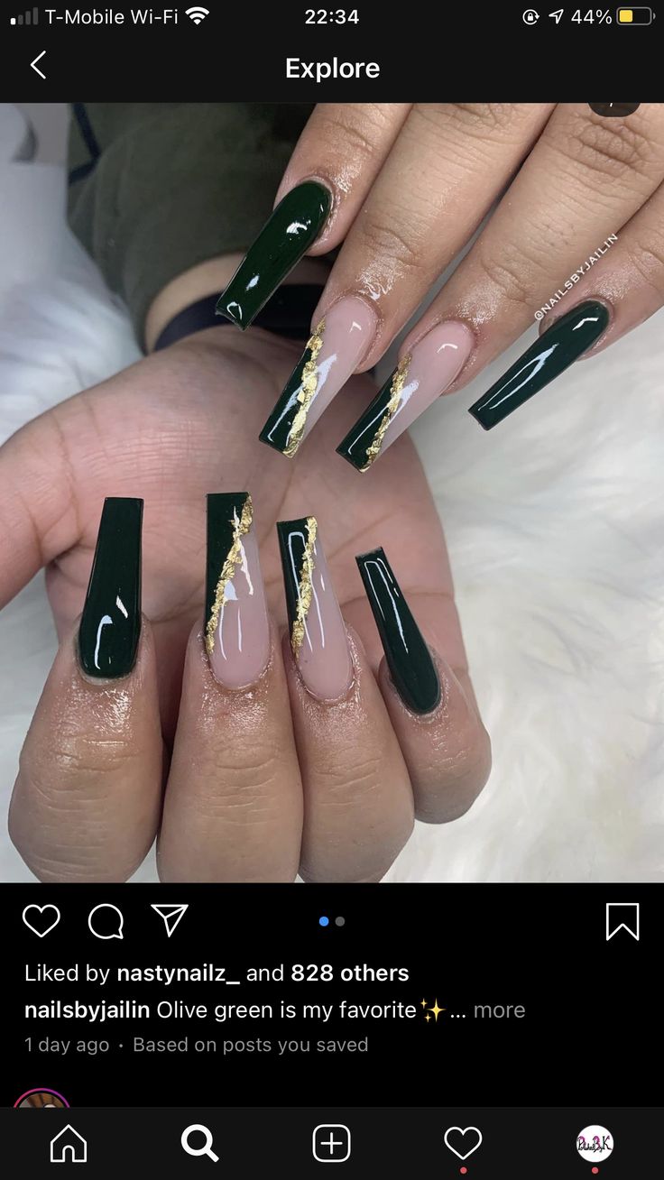 Black And Hunter Green Nails, Olive Green Nails With Rhinestones, Emerald Green Nails Acrylic Coffin Short, Black Green Gold Nails, Emerald Green Nails Coffin, Gold And Emerald Nails, Emerald Green Nails Acrylic Coffin, Emerald Nails Acrylic, Green Nails Acrylic Coffin