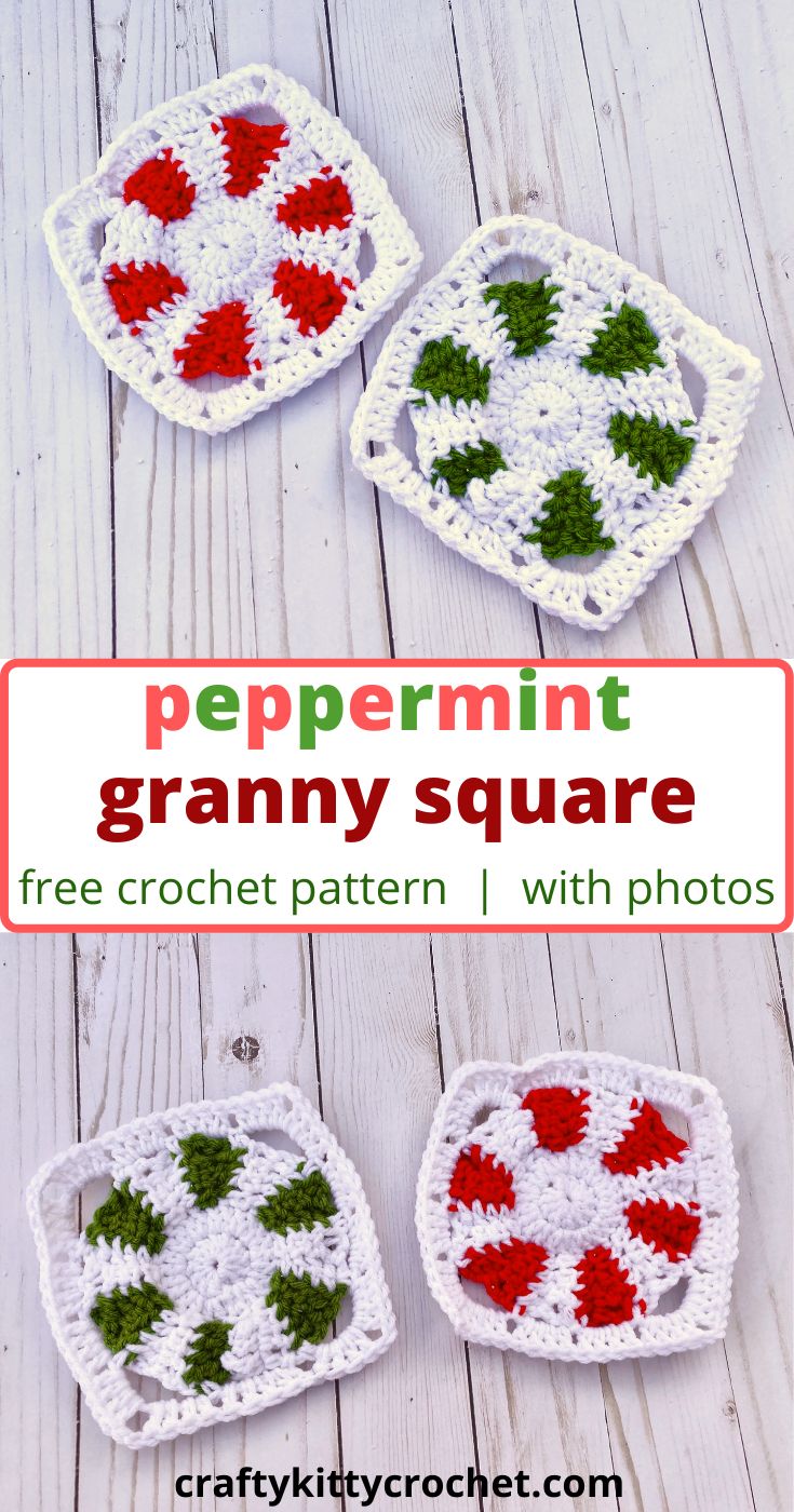 three crocheted grannys with holly leaves on them and the words peppermint granny