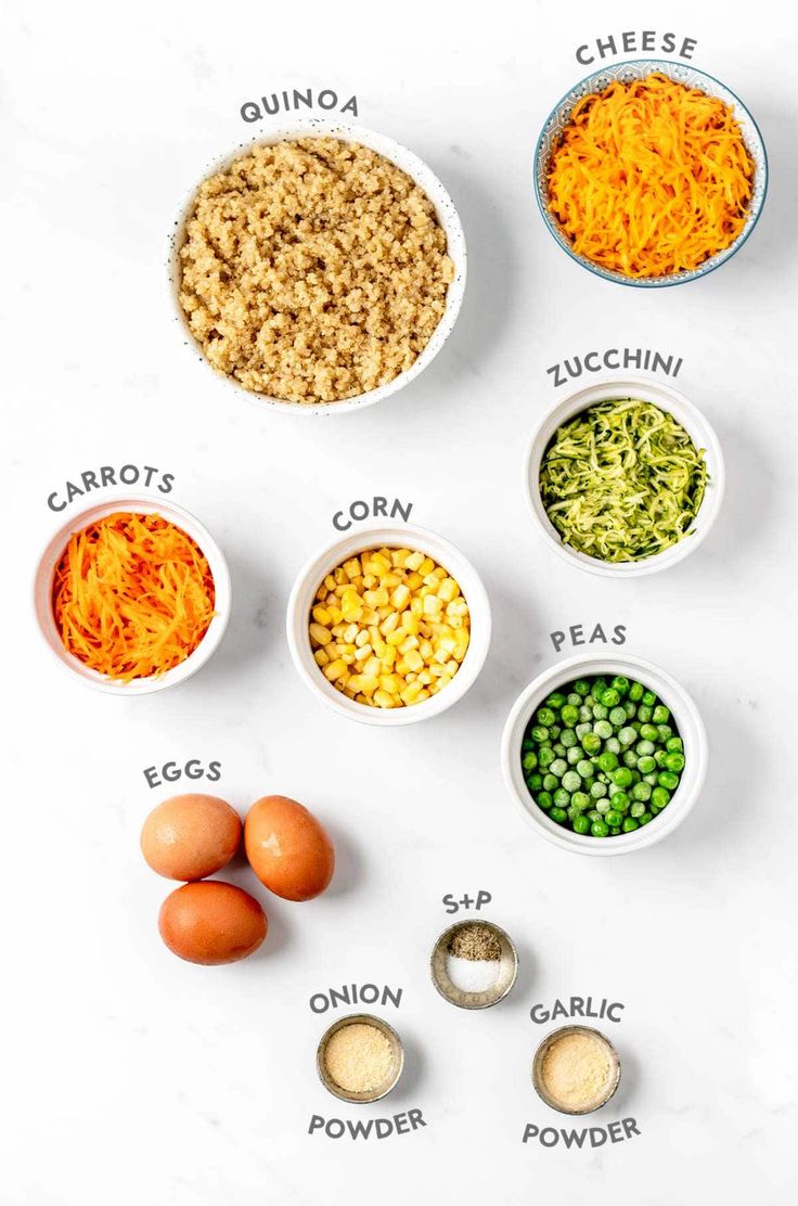 the ingredients to make this recipe include eggs, carrots, peas and quinoa