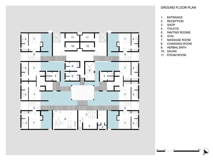 the ground plan for an office building with multiple floors and several rooms, all in different colors