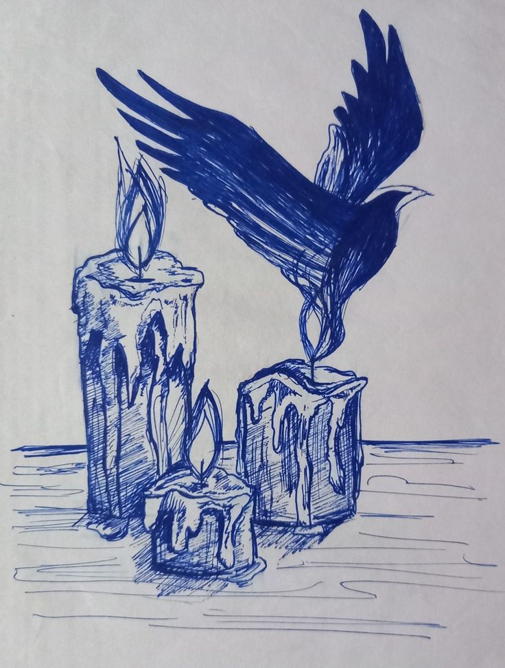 an ink drawing of two candles with a bird flying over them and another candle in the background