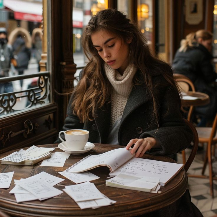 a woman sitting at a table with papers and a cup of coffee in front of her