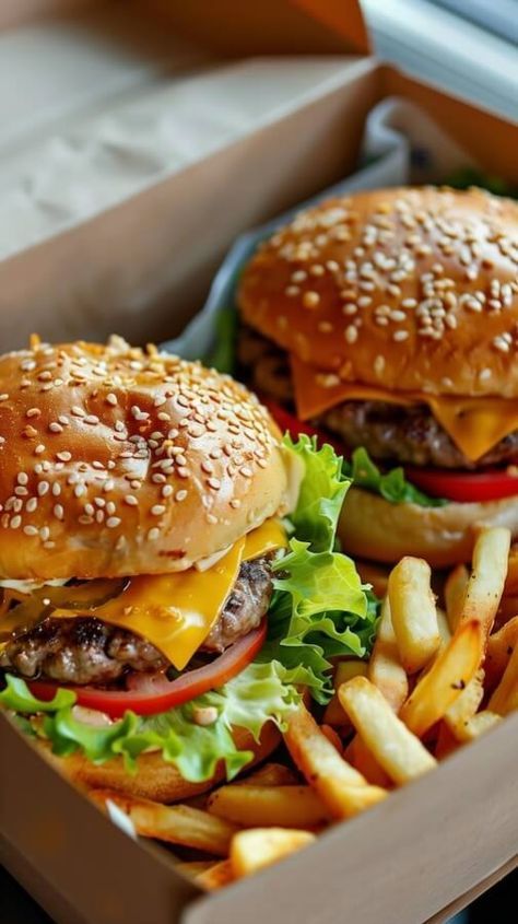 two hamburgers and french fries in a box