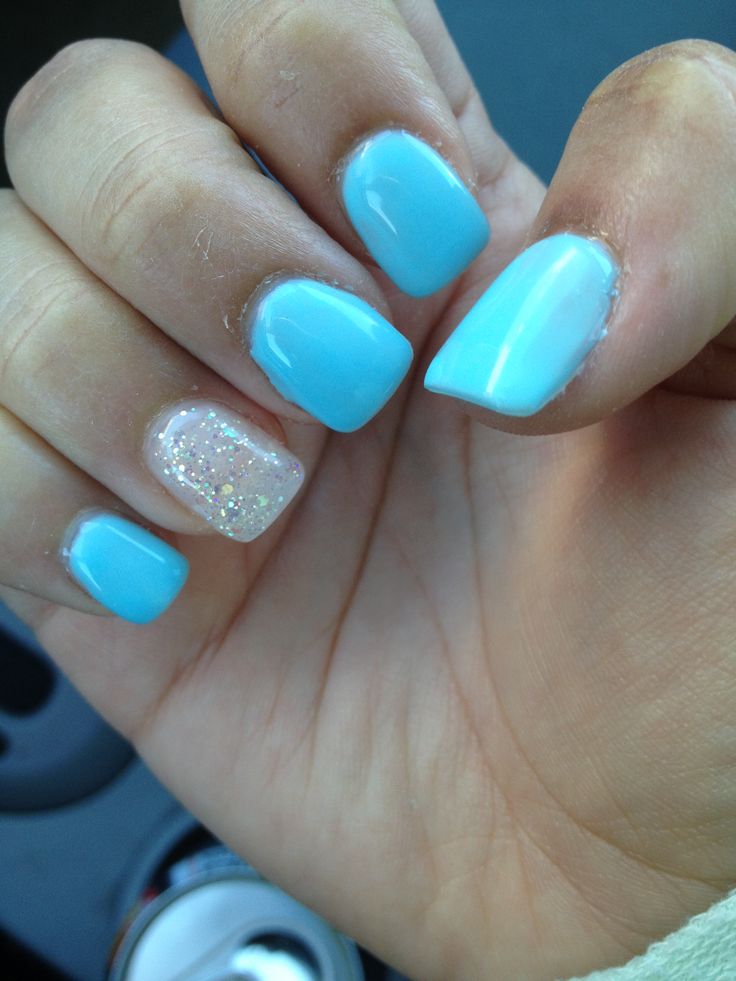 Sky blue gel manicure with a glittery accent! Nail With Glitter Accent, Blue Nail With Glitter, Ongles Baby Blue, Nail With Glitter, Acrylic Nails Light Blue, Nail Ballerina, Light Blue Nail Designs, Blue Prom Nails, Gel Nails Long