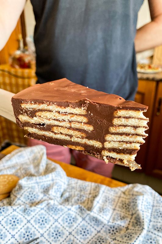 a person holding a piece of cake in their hand with chocolate frosting on it