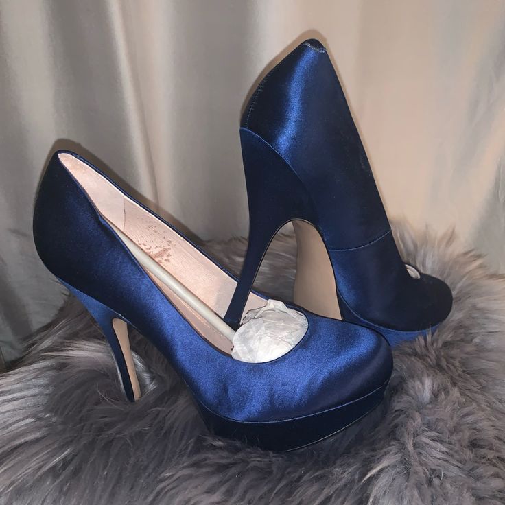 Brand New Steve Madden Blue Satin Stiletto Heels Midnight Blue Heels, Elegant Blue Heels For Night Out, Elegant Blue High Heels, Blue Heels With Padded Heel For Night Out, Blue Open Heel Evening Heels, Chic Blue Court Shoes With Round Toe, Elegant Blue Peep Toe Heels, Blue Almond Toe Heels With 4-inch Heel, Elegant Blue Open Heel Heels