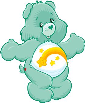 a green teddy bear holding a white and yellow ball with stars on it's chest