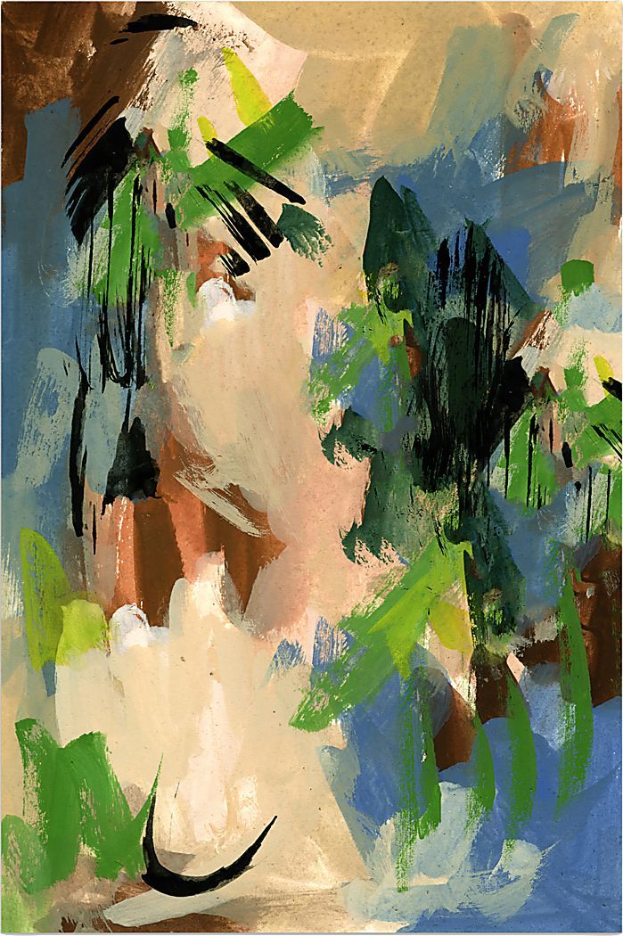 an abstract painting of a man's face with trees in the background