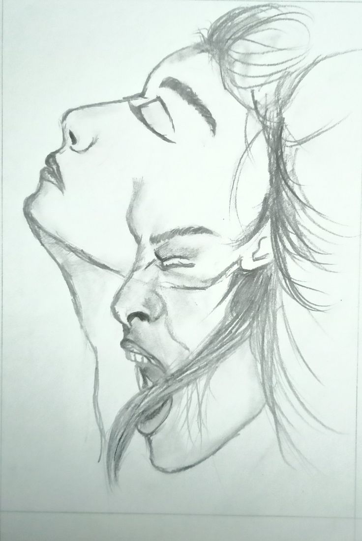 a pencil drawing of a woman's face with her hair blowing in the wind