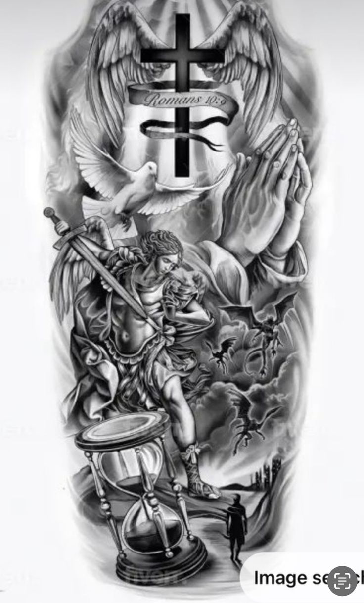 Sleeve Tattoo Concepts, Og Tattoos Ideas Men, Good Half Sleeve Tattoos For Men, Half Sleeve Bicep Tattoo For Men, Cross Bicep Tattoo Men, Bicep Tattoo Men Sleeve, Christian Leg Sleeve Tattoos, Mens Sleeve Tattoo Ideas For Guys, Angel Forearm Tattoo Men