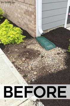 before and after pictures of landscaping in front of a house with mulch on the ground