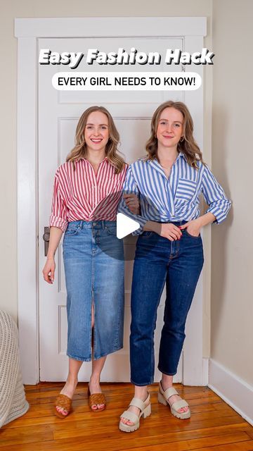 Button Up Shirt Tucked In One Side, How To Style Collared Shirt Women, How To Tie Button Up Shirts Women, Tuck Shirt Into Skirt, How To Style A Striped Button Down Shirt, Tuck Button Down Shirt Women, How To Wear Shirt In Different Ways, How To Style Shirt In Different Ways, How To Style Blouse