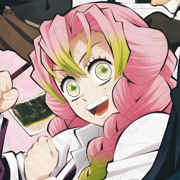 an anime character with pink hair and green eyes holding a piece of paper in her hand